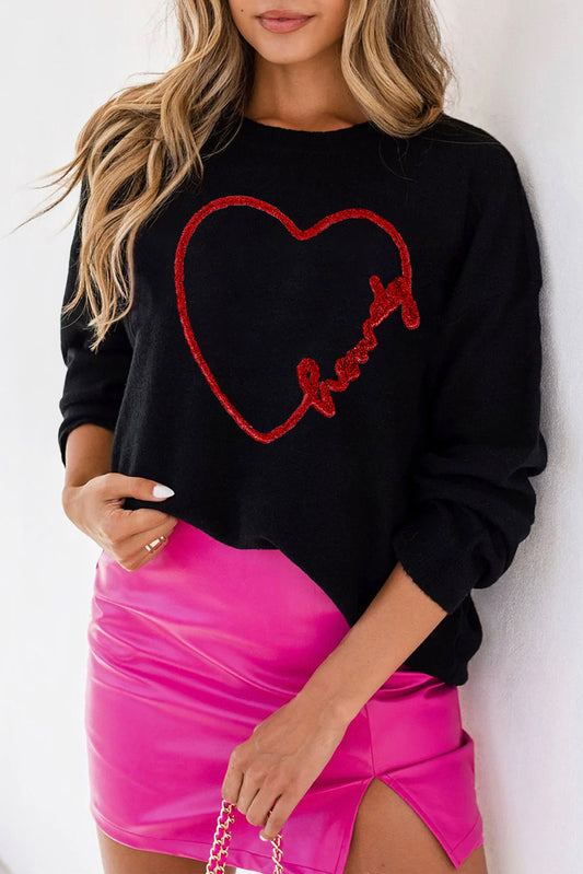 Howdy Heart Graphic Round Neck Casual Sweater