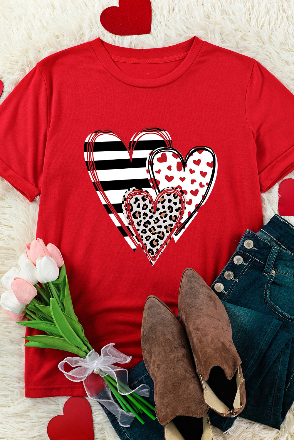 Red Leopard Striped Heart Shaped Print Crew Neck T Shirt