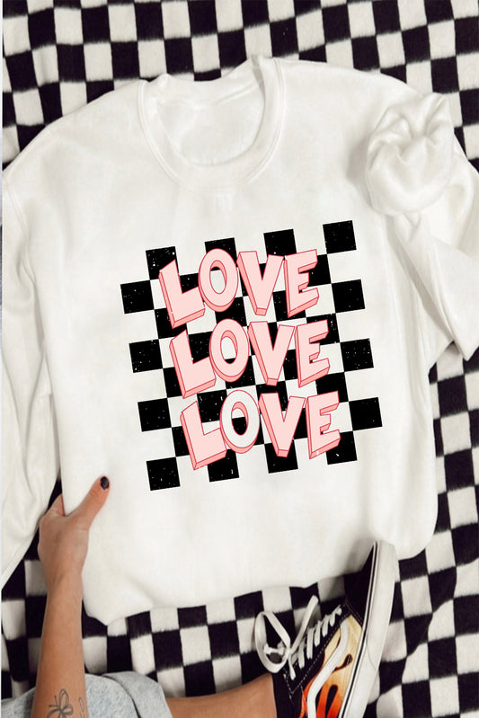 White Checkerboard LOVE Printed Round Neck Valentines Sweatshirt