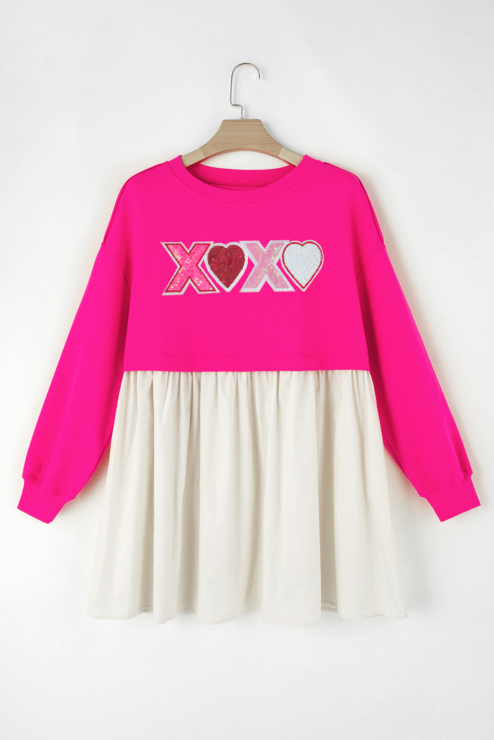 Rose Red Sequin Heart XOXO Graphic Colorblock Patchwork Hem Sweatshirt Dress