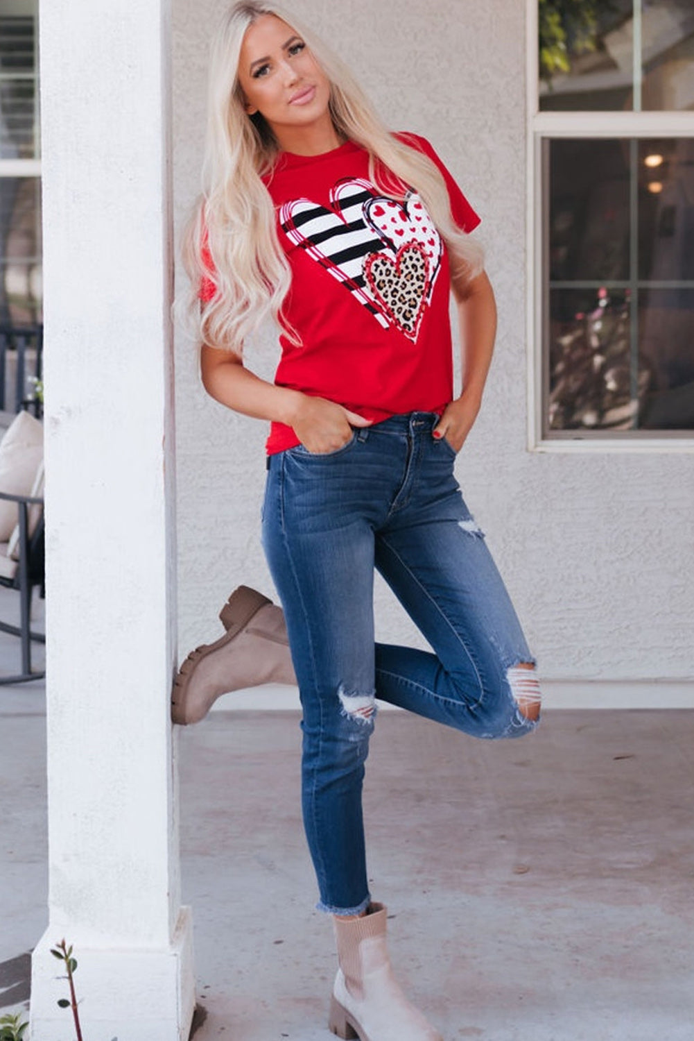 Red Leopard Striped Heart Shaped Print Crew Neck T Shirt