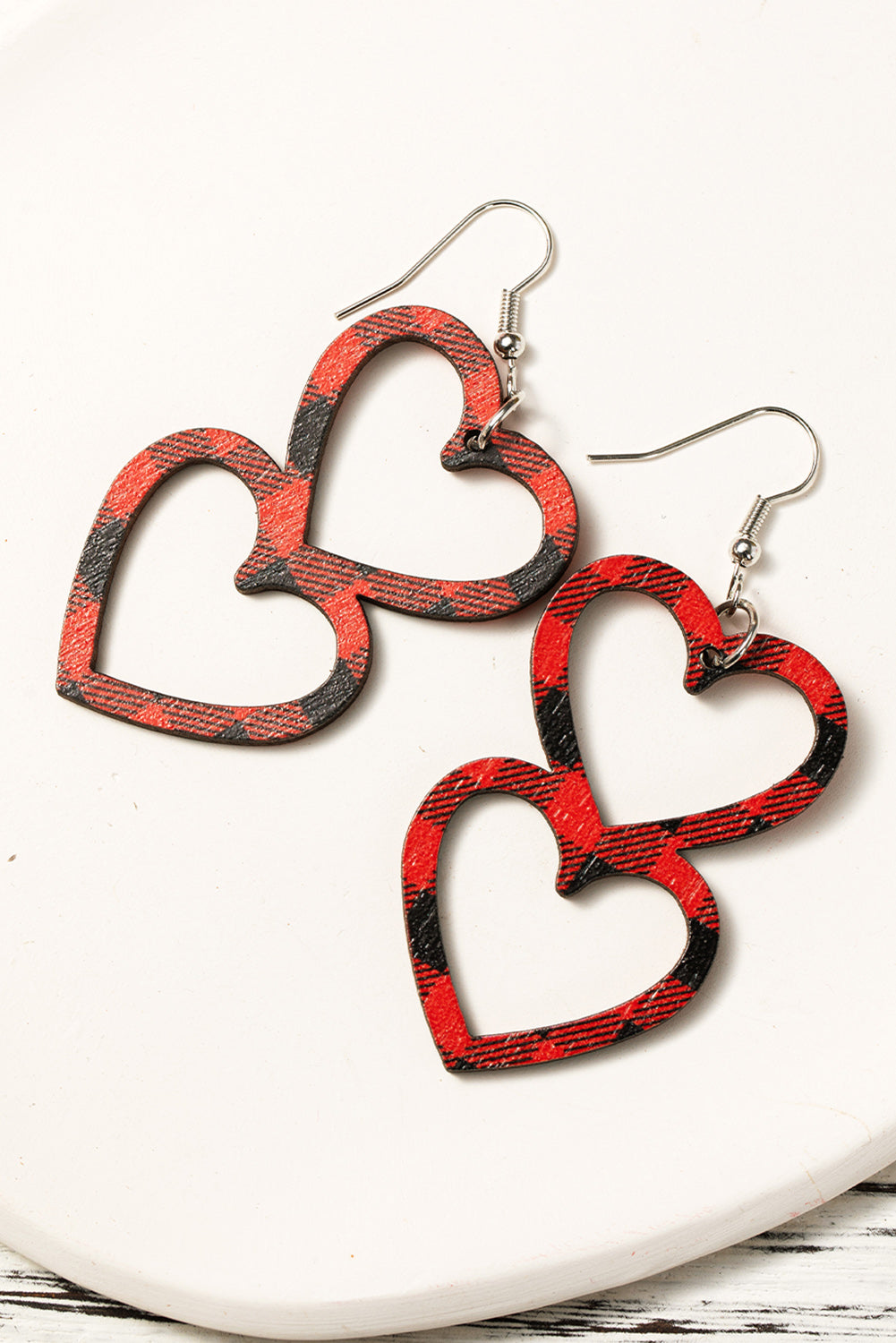 Fiery Red Valentines Day Plaid Double Love Heart Wooden Earrings