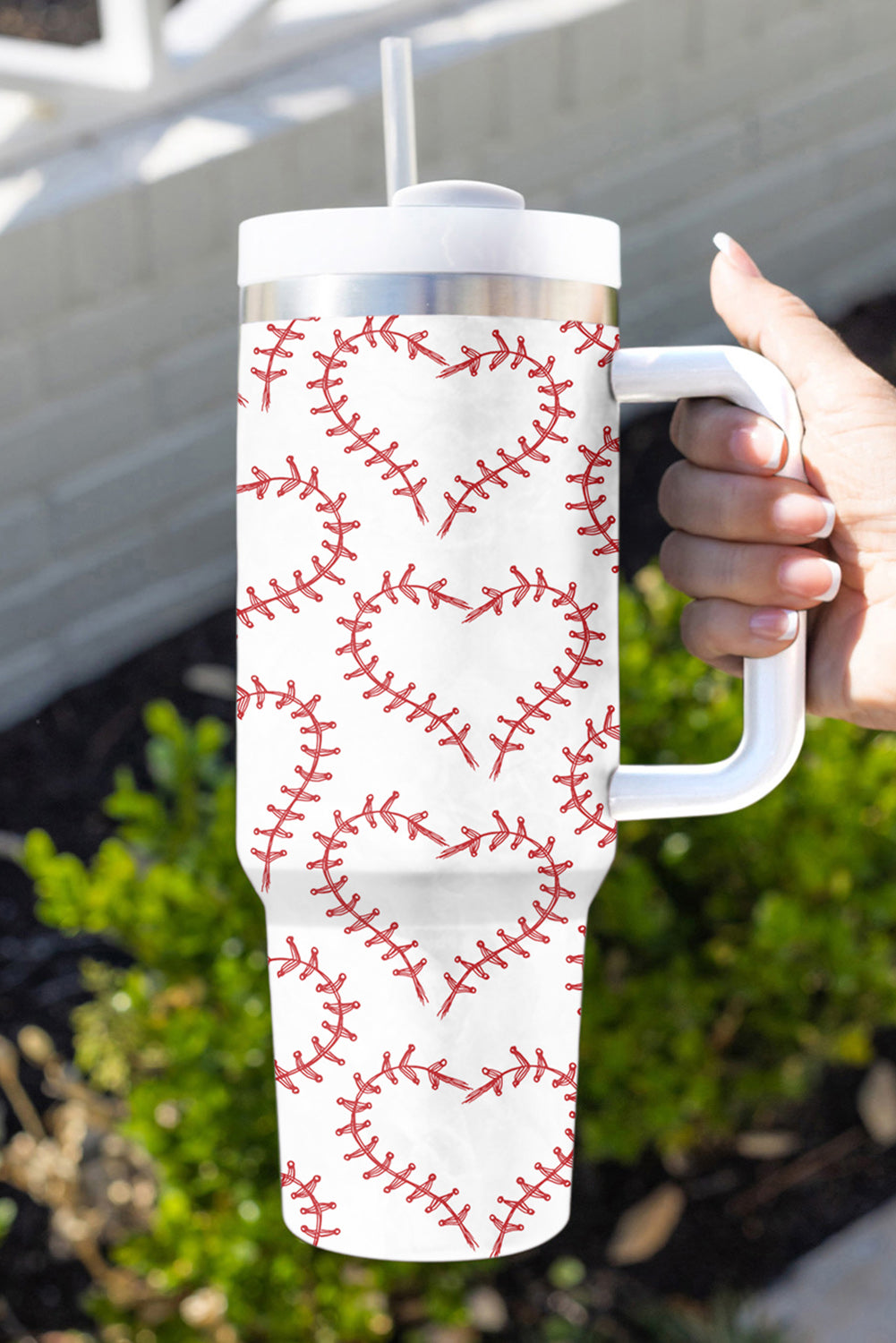 White Heart-shaped Baseball Stainless Thermos Cup with Handle 40oz